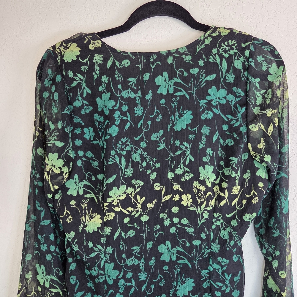 A New Day Green Floral Ruched Mesh Bodycon Mini Dress Size Medium - Picture 7 of 15